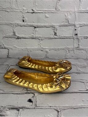 Tory Burch Reese Gold Metallic Tassel Ballet Flats - Women